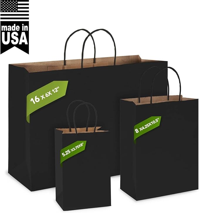 MESHA 8x4.25x10.5 Inch Black Kraft Paper Gift Bags with Handles, 50 Pack Recycled Reusable Shopping Bags Bulk for Craft Wedding Party Favors Retail Grocery Birthday Business
