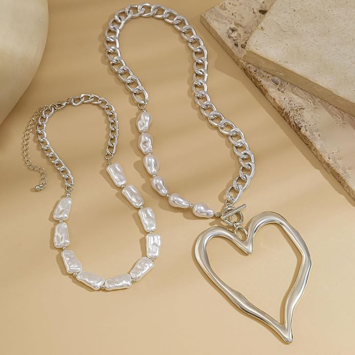 Chunky Gold Necklace Big Heart Necklace for Women Silver Large Statement Necklaces Thick Bold Chain Puffy Love Heart Charm Necklaces for Women with OT Toggle Silver Chunky Gold Jewelry Trendy Valentine's Day Gift