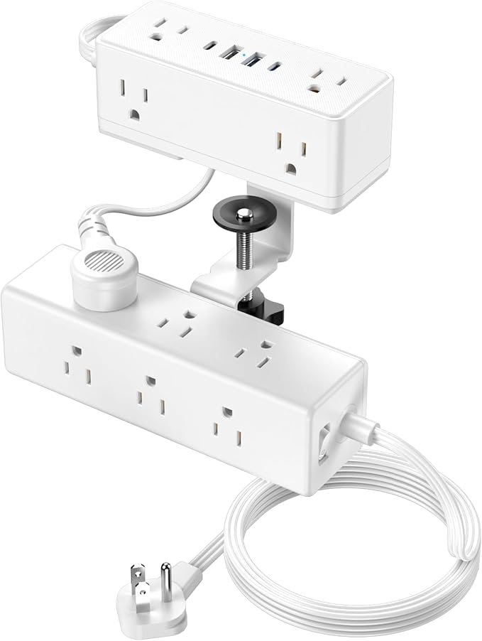 Dual Layer Desk Clamp Power Strip, Desktop Edge Mount Surge Protector with 4 USB Ports(2 USB-C) & 15 AC Outlets, Ultra Thin Flat Plug & 10FT Power Cord for Office Home(ETL Listed)
