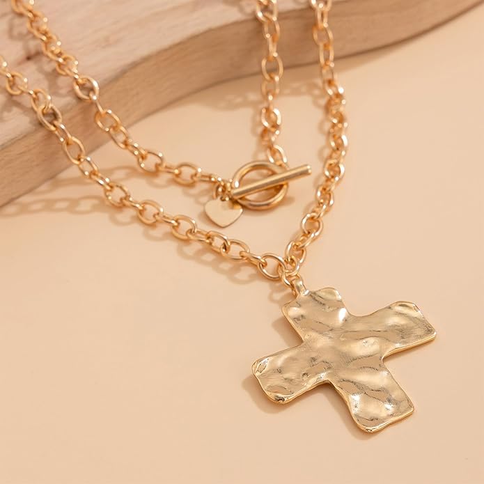 Atiptu Gold Chunky Cross Necklace for Women Statement Cross Pendant Necklace Layered Hammered Bold Cross Necklace Vintage Toggle Clasp Necklace Jewelry
