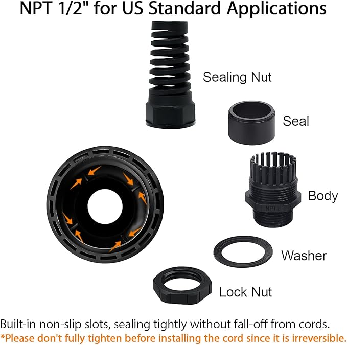 LeMotech 2Pcs NPT 1/2" IP68 Waterproof Cable Gland Flex Spiral Strain Relief Black Nylon Joint with Gaskets for 6-12mm Wire Thread