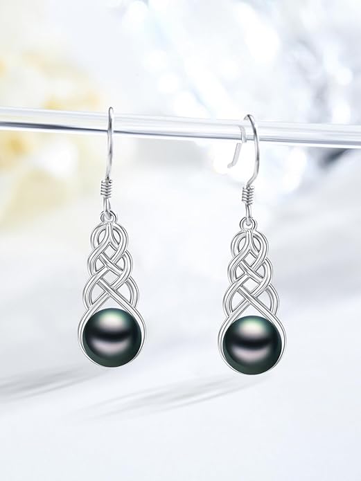 Tahitian Black Pearl Earrings Gifts for Women Wife Celtic Dangle Drop Earrings Wedding Birthday Anniversary Jewelry Valentines Christmas Day Gifts 925 Sterling Silver