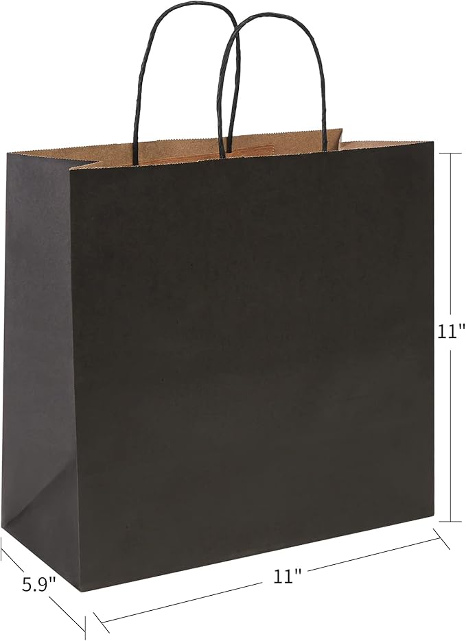 PAICUIKE 50Pcs Black Kraft Bags with Handles, 11x6x11 Inch Square Gift Bags for Retail, Shopping, Party Favors, Father’s Day, Events & Small Business | Sturdy & Versatile