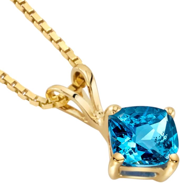 PEORA 14K Yellow Gold Swiss Blue Topaz Pendant, Genuine Gemstone Classic Solitaire, Cushion Cut, 6mm, 1 Carat total, Blue Gemstone Necklace, December Birthstone Gold Necklace, w/Jewelry Box
