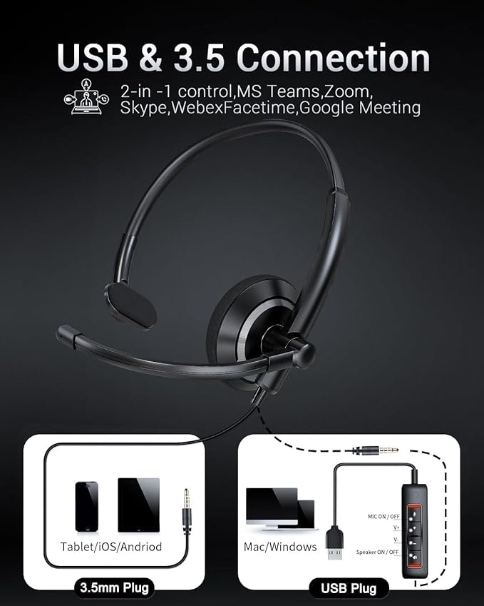 USB Headset with Microphone for PC - Lightweight Single-Ear Computer Headset, Crystal Clear Sound & Comfort Fit, Flexible Steel Headband (3.5mm+USB)