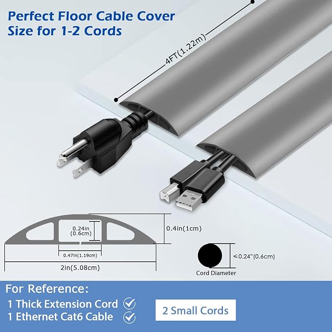 4ft Floor Cord Cover,Cord Hider Floor Gray,Extension Cable Cover Power Cord Protector Floor,Floor Cable Management Prevent Cable Trips,Cord Protector Cord Cavity:0.47" (W) x 0.24" (H)
