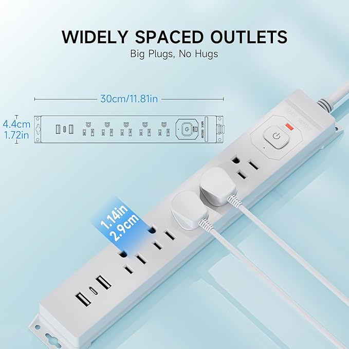 [2-Pack] 10 Ft Power Strip Surge Protector with USB Ports, Flat Plug Extension Cord, 5 AC Outlets and 3 USB Charging Ports, Wall Mountable, ETL Listed – White for Home, Office, Dorm