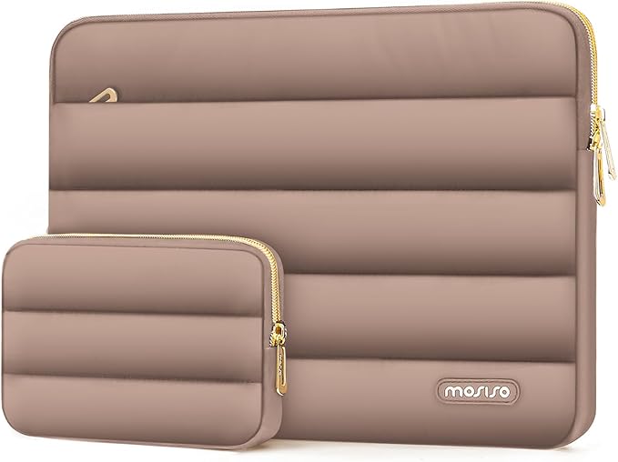 MOSISO 13.3 inch Laptop Case, 13-13.3 inch Puffy Laptop Sleeve Compatible with MacBook Air 13 13.6 M4 M3 M2 M1/Pro 13/Pro 14, HP Dell ASUS Lenovo,Polyester Horizontal Bag with Small Case, Brown