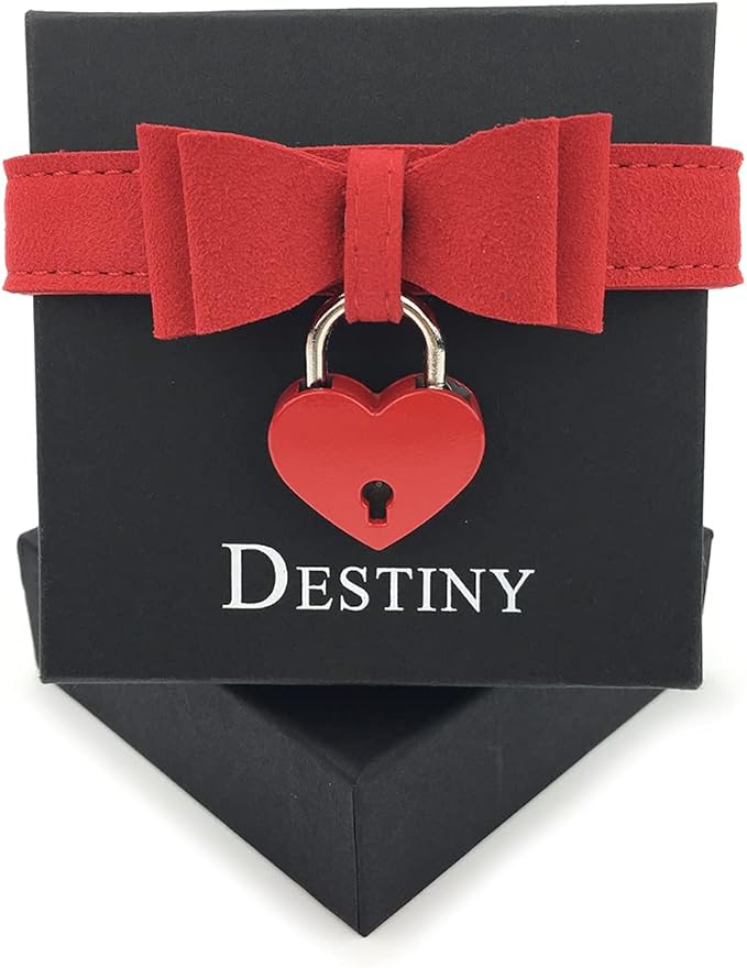 Destiny Love Bell Padlock Choker Collar Necklace Lolita Bow Collar Cat Kitty Velvet Necklace with Heart Lock and Key with Box for Women and Men