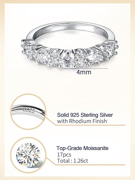 D Color VVS1 Clarity Moissanite Hand Setting Eternity Rings for Women, Solid 925 Sterling Silver Rhodium Finish, Stackable Ring, Wedding Birthday Valentines Anniversary Mothers Day Ideal Gift for Her