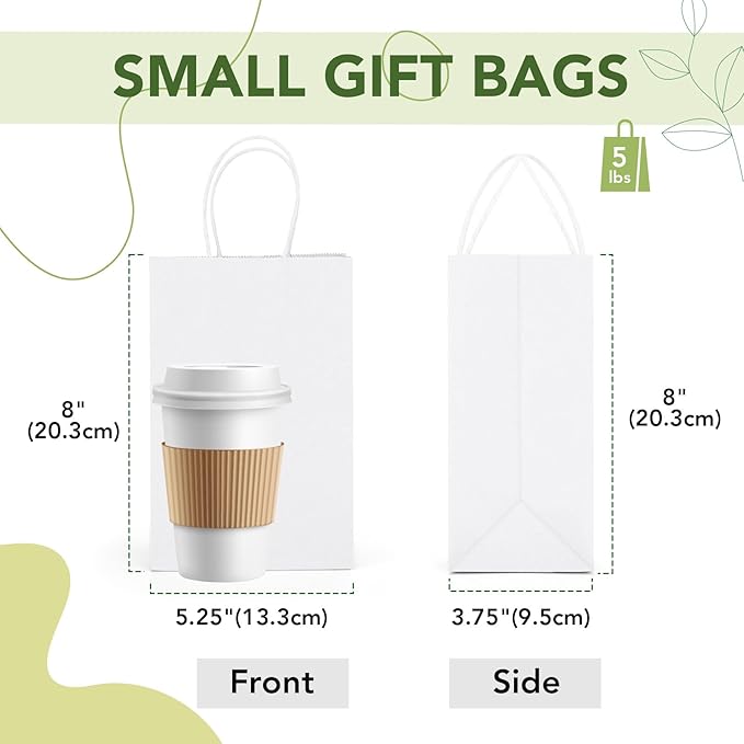 MESHA Paper Gift Bags 5.25x3.75x8 White Small Paper Bags with Handles Bulk,100 Pcs Kraft Paper Bag for Small Business,Birthday Wedding Party Favor Bag,Paper Shopping Bag