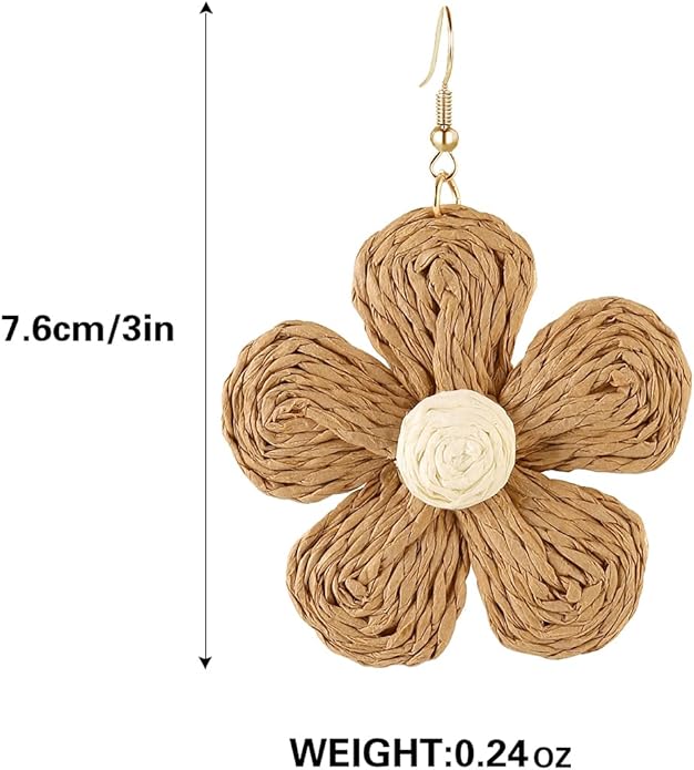 Handmade Raffia Hoop Earrings Statement Tropical Bohemian Straw Dangle Earrings Natural Rattan Vacation Style Round Earrings for Women Summer Beach Party Essential Jewelry