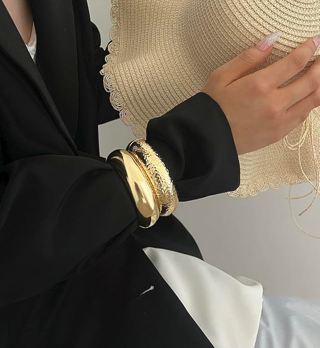 Chunky Gold Bangle Bracelets for Women, Dainty 14k Gold Plated Big Stackable Bangles Set, Trendy Statement Cuff Bracelet Stack Fashion Jewelry Christmas Gifts