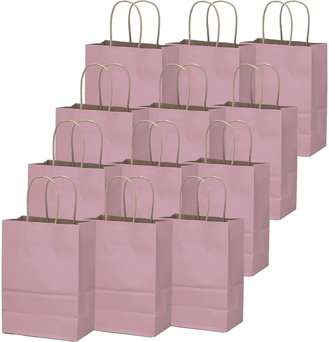 qiqee Large Kraft Paper Bags with Handles 13"x10"x5" 32 pcs Gift Paper Bag Pink Solid Color Bags（Large Size）
