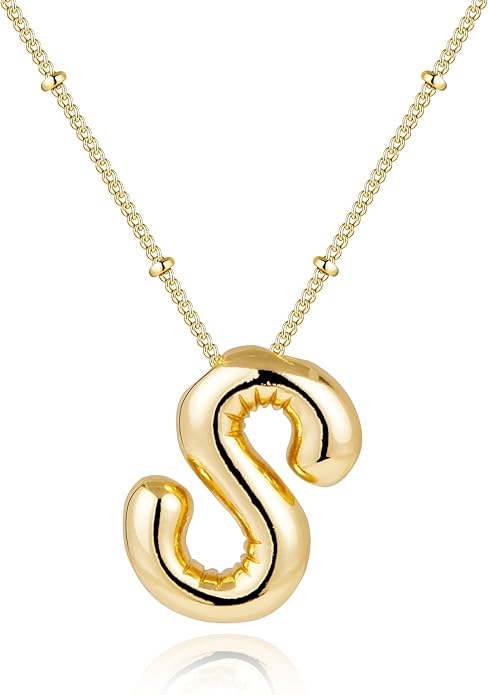 Inerney Valentines Day Gifts Gold Bubble Letter Necklace Initial Necklaces for Women, Chunky 14K Plated Balloon Initials, Trendy Charm Non Tarnish Custom Name Pendant Jewelry Gifts for Mom