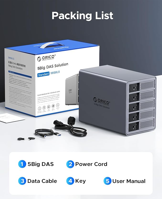 ORICO 5 Bay DAS Hard Drive Enclosure USB 3.0 for SATA 3.5 inch SSDs HDDs Bracket-Free External Hard Drive Bay Max up to 110TB ( Alluminum Alloy) -9858U3