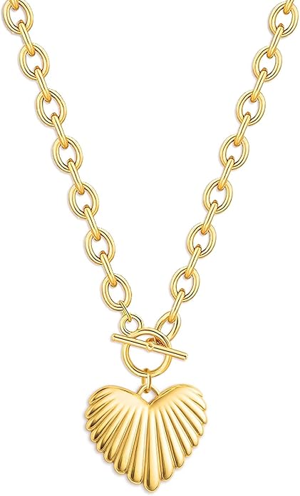 Zeffy 14K Gold/Silver Plated Chunky Thick Chain Toggle Clasp Necklace Dainty Baroque Pearl/Heart/Cross/Turquoise Pendant Necklace
