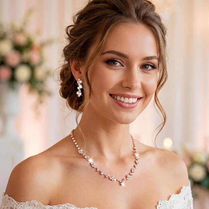 Unicra Bride Crystal Necklace Earrings Set Bridal Wedding Jewelry Sets Rhinestone Choker Necklace Costume Jewelry Set for Women and Brides (3 piece set - 2 earrings and 1 necklace)