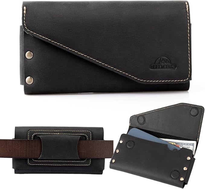 Topstache Leather Phone Holster with Belt Loop, Magnetic Closure Cell Pouch, Handmade Leather Holder for iPhone 14 Pro Max (Fits with Otterbox Case), XL, Black