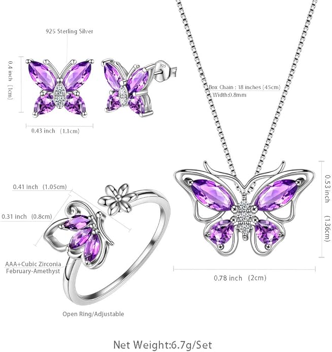 Aurora Tears Butterfly Jewelry,Women 925 Sterling Silver Butterflies Birthstone Pendant Necklace/Earrings/Rings Wedding Gift
