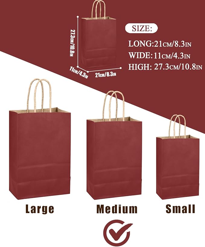 qiqee Brown Red Gift Bag with Handles Bulk 24Pcs Paper Bags -10.6"x8.3"x4.3"Party Favor Bags - Solid Color
