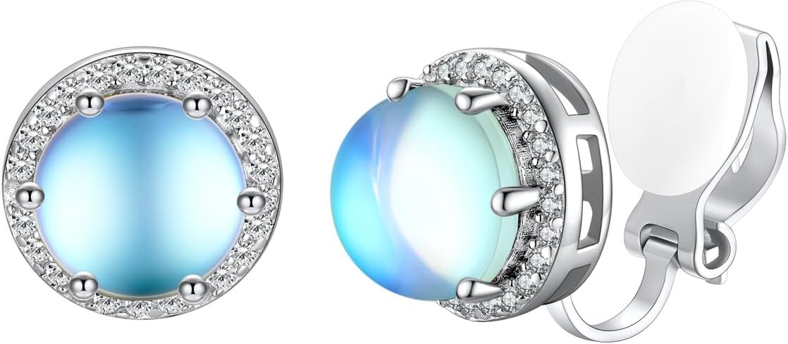 Silvora 925 Silver 8MM Cubic Zirconia Birthstone Clip On Stud Earrings Round Non Pierced Earrings For Women,Come with Box