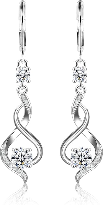 Sterling Silver Dangle Earrings for Women Trendy Hypoallergenic Leverback Silver Drop Earrings with Cubic Zirconia Double Twisted Infinity Heart Ball Charm Dangle Drop Earring Jewelry