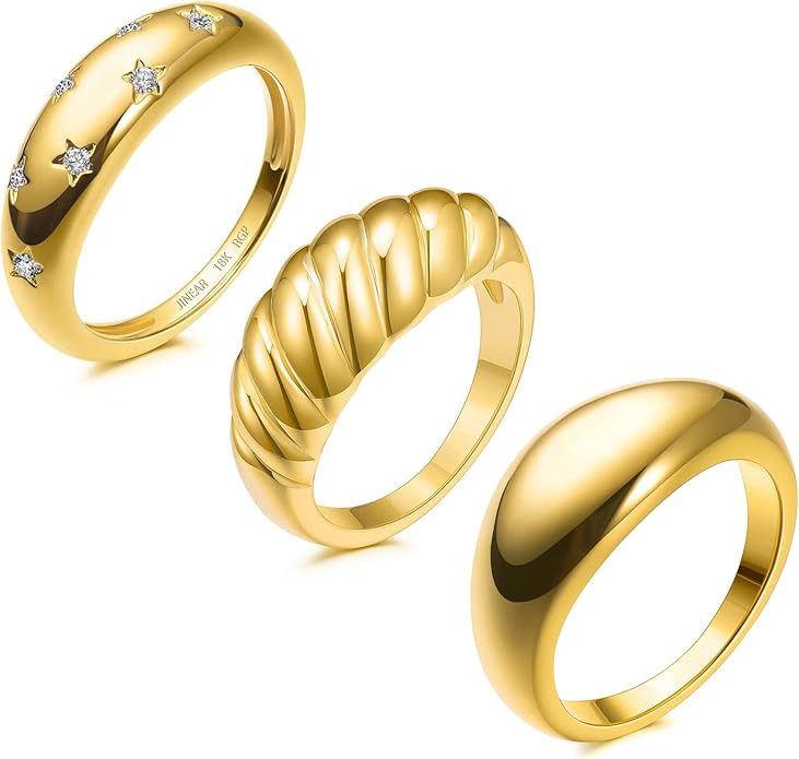 JINEAR 18k Gold Filled Chunky Rings for Women Croissant Dome Statement Ring Trendy Twisted Braided Band Stacking Star Rings Jewelry Gifts