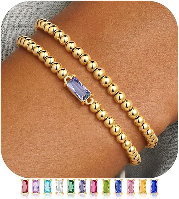 Ursteel Valentines Gifts for Her Kids Girls, Elastic Birthstone Bracelet for Women 14K-Gold-Plated Beaded Bracelet Non Tarnish Trendy Birthstone Jewelry Birthday Gifts for Women