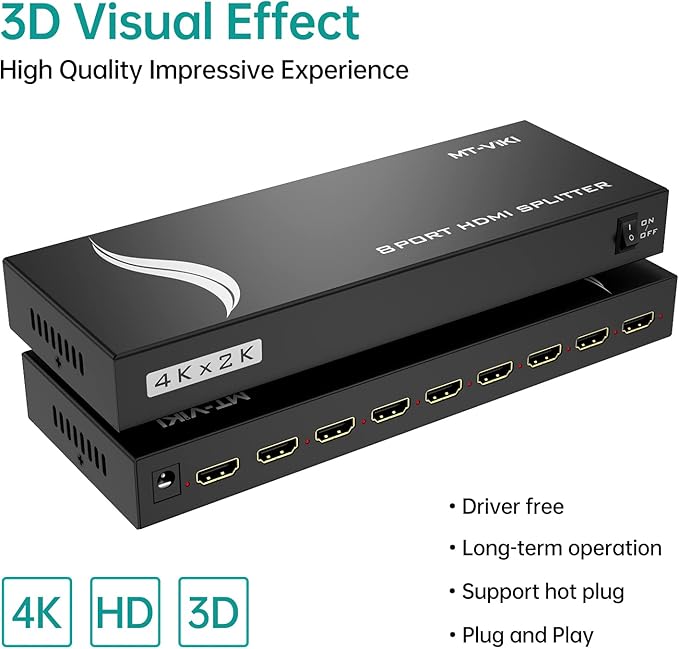 MT-VIKI 4K 1x8 HDMI Splitter 1 in 8 Out, 8 Port Powered HDMI Splitter Multi Monitor Outputs 3D 4Kx2K@30Hz for Projector, HDTV