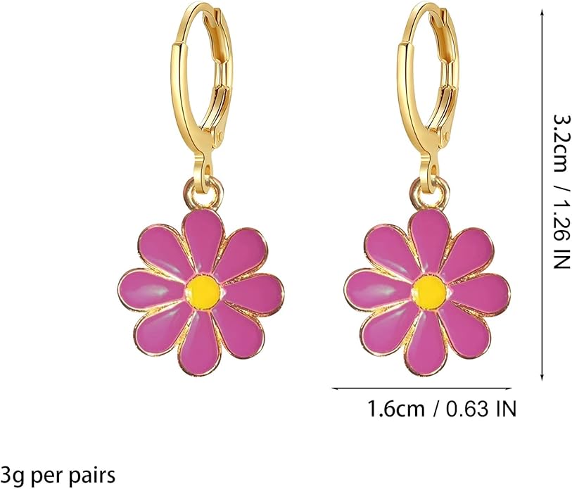 3 Pairs Daisy Huggie Hoop Earrings for Women Flower Dangle Drop Earrings Hypoallergenic Cute Sunflower Jewelry Gifts White Hot Pink Blue