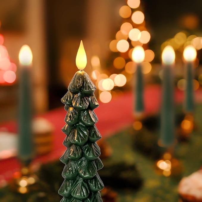 Homemory 3 PCS Flameless Taper Candles with 6-Hours Timer, 9.5 Inches Christmas Tree Candlesticks, Real Wax Battery Operated Window Candles with 3D Flickering Flame for Fireplace Christmas