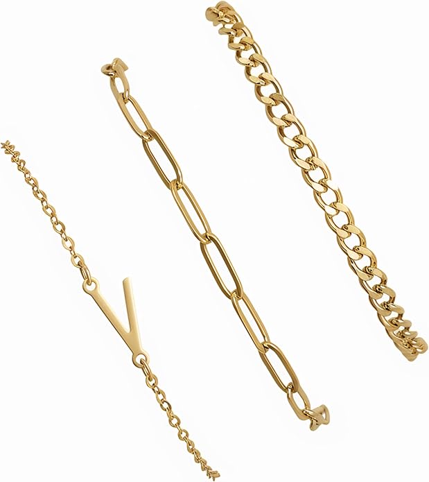 14K Gold Plated Bracelets for Women, A–Z Initial Charm Bangles Jewelry Set, Elegant Gold Accessories, Friendship Bracelet Gifts for Mom