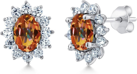 Gem Stone King 7X5MM Oval Gemstone Birthstone Stud Earrings For Women | Princess Diana Royal Halo Style | 925 Sterling Silver | Fine Jewelry Gifts for Anniversary Wedding Her Mom Women Wife