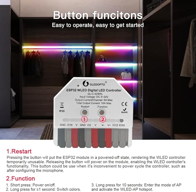 GLEDOPTO ESP32 Mini WLED LED Controller DC 5~24V DIY Dynamic Lighting Work with Addressable Digital FCOB RGB IC WS2811 WS2812 SK6812 TM1814 WS2813 WS2815 Strip Light Easy Wiring