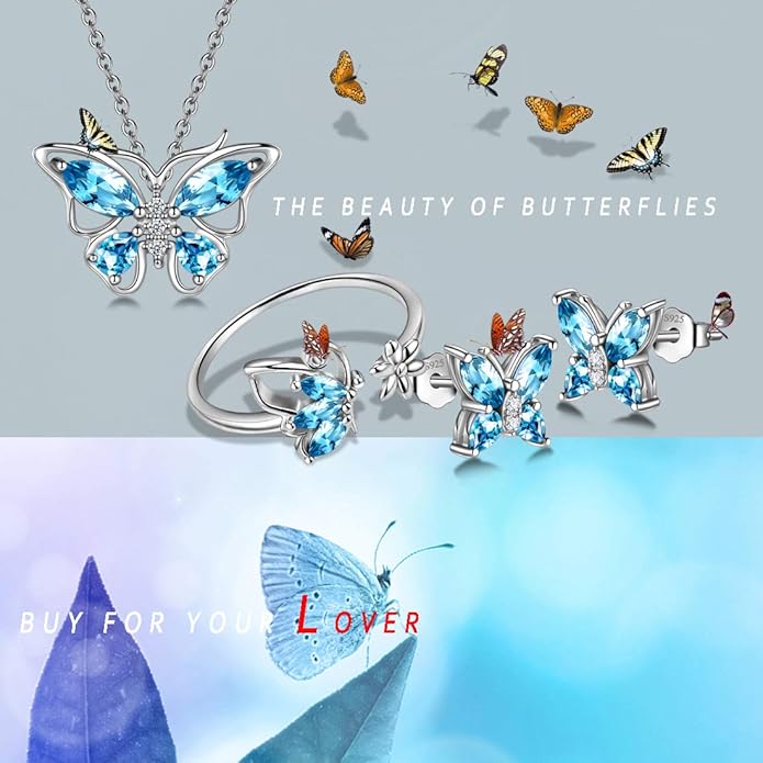 925 Sterling Silver Birthstone Butterfly Jewelry Women Crystal Animal Cute Butterflies Birthday Necklace/Earring/Ring/Bracelet Sets Birth Stone Statement Anniversary Jewellery