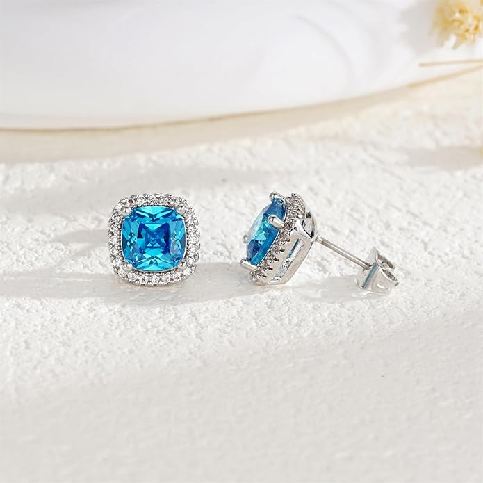 YOMELA Cubic Zirconia Earrings Studs, Halo CZ Birthstone Simulated Diamond Stud Earrings for Women