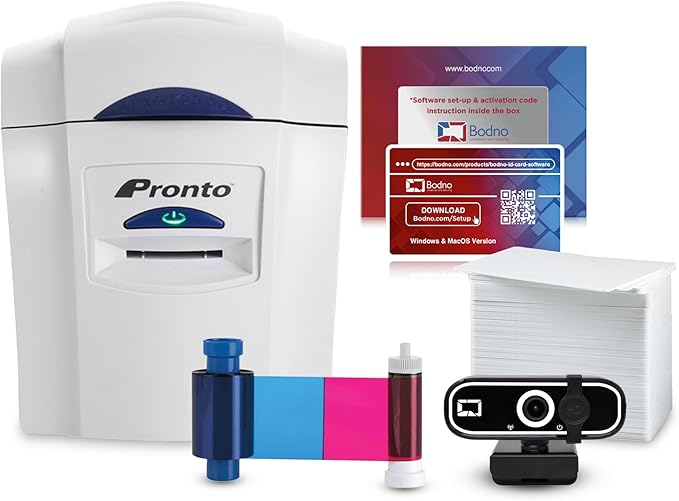 Bodno Magicard Pronto ID Card Printer & Complete Supplies Package ID Software and Camera - Silver Edition
