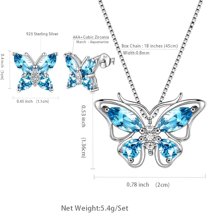 Aurora Tears Butterfly Jewelry,Women 925 Sterling Silver Butterflies Birthstone Pendant Necklace/Earrings/Rings Wedding Gift
