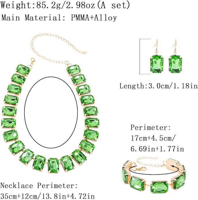 KOSMOS-LI Rectangle Faux Crystal Jewelry Sets Includ Necklace Bracelet Earrings For Women Stocking Stuffers