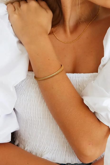 PERNNLA PEARL Dainty Gold Bar Bracelet for Women Simple Delicate Thin Cuff Bangle Hook Bracelet 18K Gold Plated Handmade Minimalist Jewelry