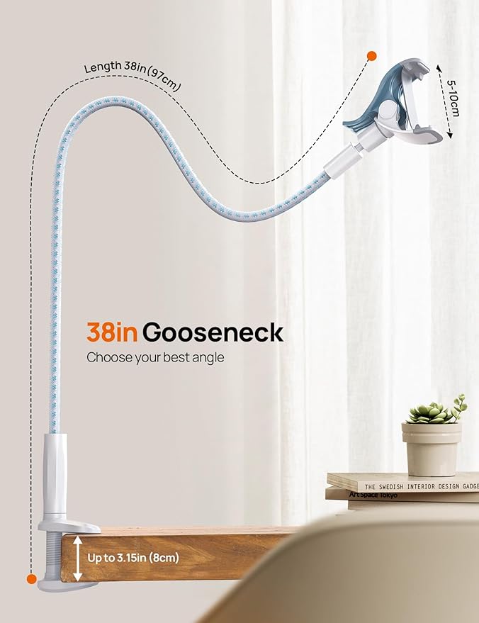 Gooseneck Phone Holder for Bed - [Upgrade Nylon Braid] 38” Flexible Lazy Arm Clip, 360 Adjustable Overhead Phone Mount for iPhone 16 15 14 13 12 11 Pro Max Mini Plus, 4-7" Cellphone - White
