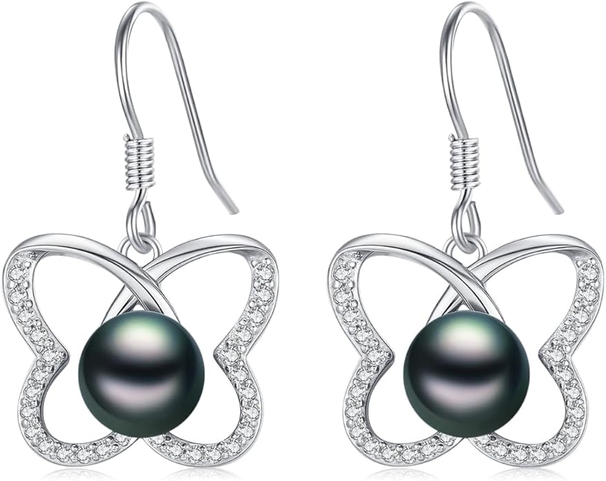 Tahitian Black Pearl Earrings Gifts for Women Wife Celtic Dangle Drop Earrings Wedding Birthday Anniversary Jewelry Valentines Christmas Day Gifts 925 Sterling Silver