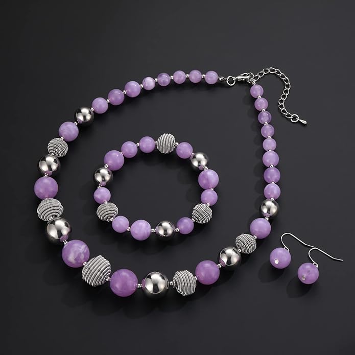 PEARL&CLUB Beaded Chunky Statement Necklace Earring and Bracelet Set Silver Metal Bead Fashion Jewelry Set Mothers’ Day Gifts for Women