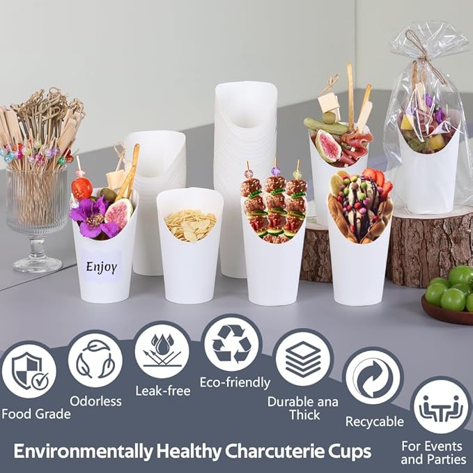 100pcs 12oz White Charcuterie Cups, 300 Skewers + 100 Bags + 100 Labels, Paper Charcuterie Cups with Sticks and Bags, Disposable Dessert Cup Appetizers Cup, Durable French Fry Holder for Snack
