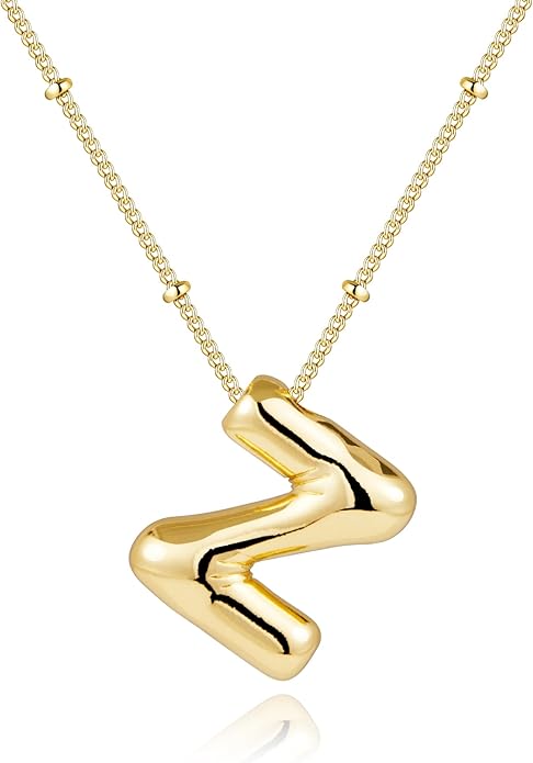 Inerney Valentines Day Gifts Gold Bubble Letter Necklace Initial Necklaces for Women, Chunky 14K Plated Balloon Initials, Trendy Charm Non Tarnish Custom Name Pendant Jewelry Gifts for Mom