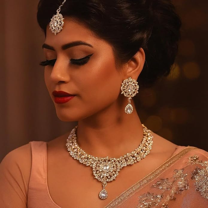 Touchstone Indian jewelry sets for women gold wedding tikka necklace set guest costume fancy bridal jewellery rhinestone crystal elegant formal prom evening wear dainty accessories