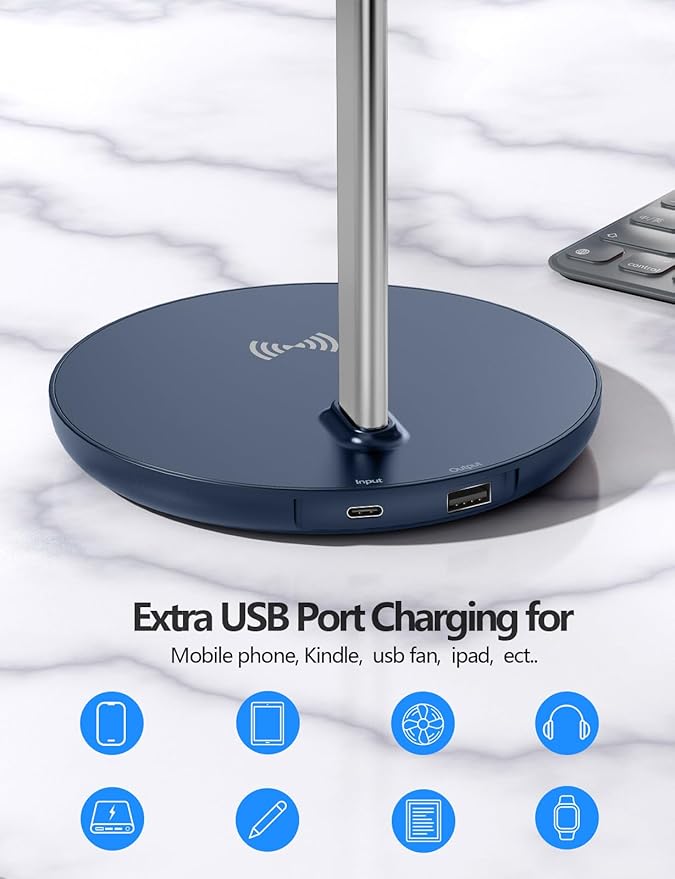 Miroddi Headphone Stand with Wireless Charger, Independent USB Charging Port, 5 in 1 Charging Station Headset Holder Rack for iWatch, iPhone, Samsung and Desk All Headphones, Dark Blue