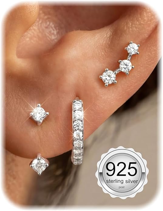 FIASASO 3 Pairs 925 Sterling Silver Hypoallergenic Earrings for Women Trendy - 14K Gold Plated Stud Hoop Cartilage Earrings Set Small Earring Stacks for Sensitive Ears Non Tarnish Dainty Silver Earring