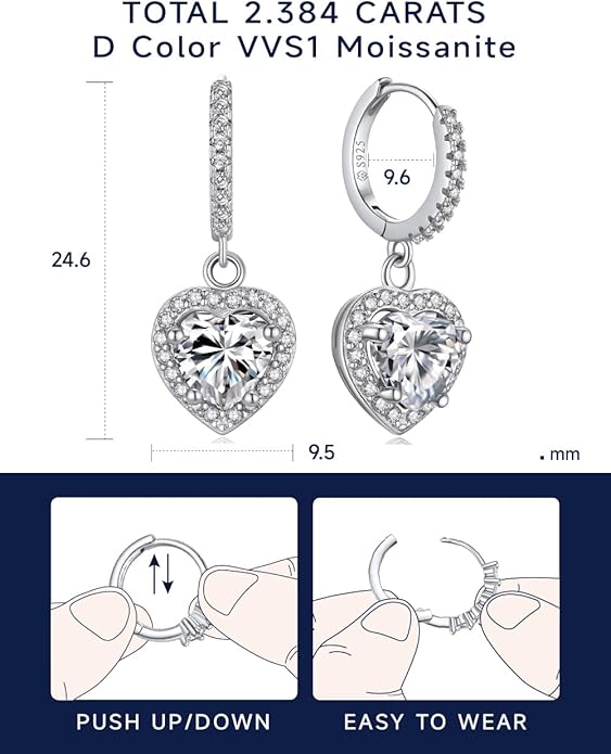 MomentWish Dangle Earrings for Women-925 Sterling Silver Moissanite Earring, Women's Gift for Valentine Birthday, D Color VVS1 Dancing Moissanite Hoops